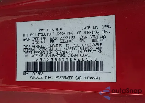 1996 Mitsubishi Eclipse Spyder Gs from USA, damaged, VIN 4A3AX35G7TE420950